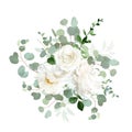 Classic white peony, cream beige rose and ranunculus flowers, eucalyptus, greenery