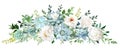 Classic white peony, ivory rose, blue echeveria succulents, eucalyptus, fern, herbs, greenery vector design