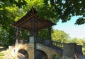 Classic wide angle landscape view of famous Chinese Bridge. Summer sunny morning. Royalty Free Stock Photo