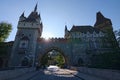 Classic wide-angle view of main gate in Vajdahunyad Castle. The text on the gate: Hungarian Museum of Agriculture. Royalty Free Stock Photo