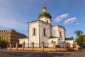 Classic wide-angle view of Mykola Prytyska Church historic exterior orthodox religion facade during sunny spring morning.