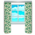 Classic window and view of sky and clouds in frame with beige curtains with floral ornament. Home interior elements