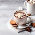 A classic winter beverage is a cup of hot chocolate or cocoa with marshmallows, cinnamon, and cookies on a white table