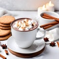 A classic winter beverage is a cup of hot chocolate or cocoa with marshmallows, cinnamon, and cookies on a white table