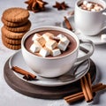 A classic winter beverage is a cup of hot chocolate or cocoa with marshmallows, cinnamon, and cookies on a white table