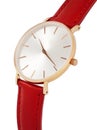 Classic women gold watch white dial, red leather strap isolate white background Royalty Free Stock Photo