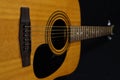 Classic wooden acoustic guitar closeup, on a black background, rock, country music concept Royalty Free Stock Photo