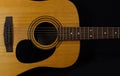 Classic wooden acoustic guitar closeup, on a black background, rock, country music concept Royalty Free Stock Photo