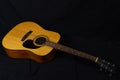 Classic wooden acoustic guitar closeup, on a black background, rock, country music concept Royalty Free Stock Photo