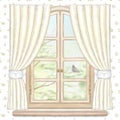 Watercolor and lead pencil window with yellow curtains and spring landscape on floral wallpaper