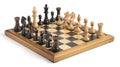 Classic wooden chessboard with black and natural wood pieces set up for a strategic game, isolated on a white background Royalty Free Stock Photo