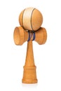 Classic wooden kendama toy with blue threads isolated on white background