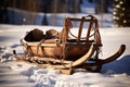 A classic wooden northern sled, featuring a polished finish, metal runners, and a sturdy rope for pulling Royalty Free Stock Photo