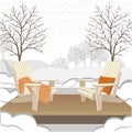 Classic wooden outdoor chairs with chunky knit plaid and pillow. Winter garden or park landscape Royalty Free Stock Photo