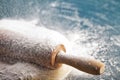 Classic wooden rolling pin with freshly prepared dough and dusting of flour on black background Royalty Free Stock Photo