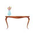 Classic wooden table with vase of flowers. Vintage furniture for dinning room. Object for home interior. Flat vector