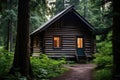 classic woodsy log cabin among towering trees