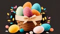 A classic woven basket overflowing with beautifully decorated Easter eggs, tempting chocolates - ai generated.