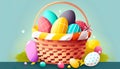 A classic woven basket overflowing with beautifully decorated Easter eggs, tempting chocolates - ai generated.