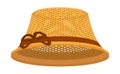 Classic woven summer woman hat to protect head from sun. Headwear made from natural materials. Mesh female panama. Cartoon vector