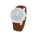 Classic wrist watch with brown leather strap, gray metal dial and stopwatch. Stylish male accessory. Flat vector for