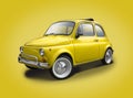 Classic yellow Fiat 500 side view isolated on a yellow backgound