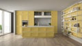 Classic yellow kitchen in modern open space with parquet floor and big panoramic window with balcony, island and accessories, Royalty Free Stock Photo