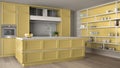 Classic yellow kitchen in modern open space with parquet floor and big shelving system with decors, island and accessories, Royalty Free Stock Photo