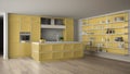 Classic yellow kitchen in modern open space with parquet floor and big shelving system with decors, island and accessories, Royalty Free Stock Photo