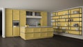 Classic yellow kitchen in modern open space with parquet floor and big shelving system with decors, island and accessories, Royalty Free Stock Photo