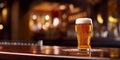 Classic yellow lager light beer in glass on wooden table.Macro.AI Generative Royalty Free Stock Photo