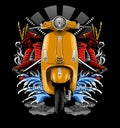 classic yellow scooter with waves and samurai background Royalty Free Stock Photo