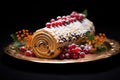 Classic Yuletide log festive treat Christmas pie on a plate decorated with berries Royalty Free Stock Photo