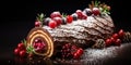 Classic Yuletide log festive treat Christmas pie on a plate decorated with berries Royalty Free Stock Photo