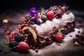 Classic Yuletide log festive treat Christmas pie on a plate decorated with berries Royalty Free Stock Photo