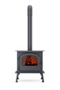 Classic ÃÅ¾pen Home Fireplace Stove with Chimney Pipe and Firewood Burning in Red Hot Flame. 3d Rendering Royalty Free Stock Photo