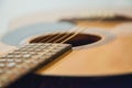 Classical acoustic guitar Detail of an acoustic guitar behind a white background vibrating strings