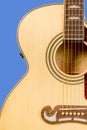 Classical acoustic guitar fragment with six strings and soundboard rosette Royalty Free Stock Photo