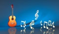 Classical acoustic guitar with notes on a blue background Royalty Free Stock Photo