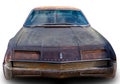 Classical American vintage muscle car 1966 Oldsmobile Toronado Deluxe Coupe in rat style. White background. Front view