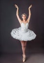 Classical Ballet dancer portrait. Beautiful graceful ballerina in white tutu from Swan lake practice releve ballet position in the Royalty Free Stock Photo