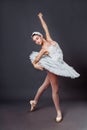 Classical Ballet dancer portrait. Beautiful graceful ballerina in white tutu from Swan lake practice releve ballet position in the Royalty Free Stock Photo