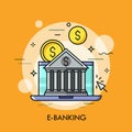 Classical bank building against laptop screen and dollar coins on background. E-banking, online application for Royalty Free Stock Photo