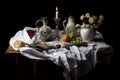 Classical Baroque Still-life in Dutch breakfast style on a black Background Royalty Free Stock Photo