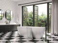 Classical bathroom with checker floor tile 3d render Royalty Free Stock Photo