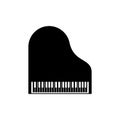 Classical black grand piano icon with open keyboard isolated on white background. Top view of artistic musical