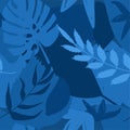 Classical blue color seamless pattern with abstract elements and leaves.