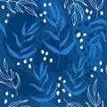 Classical blue color seamless pattern with abstract elements and leaves.