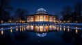 Classical Building with Reflection in Water at Night, Illuminated Building, Night Photography Royalty Free Stock Photo