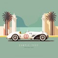 Classical car minimalist retro poster, car in front of a villa, hotel with palm trees